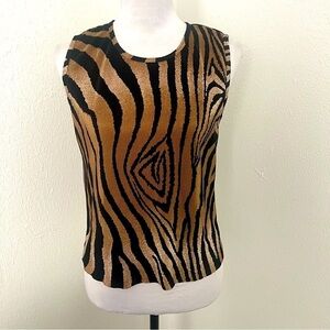 Plissé Women’s Medium Tank Blouse Animal Print Zebra Ribbed Black/Gold Brown EUC